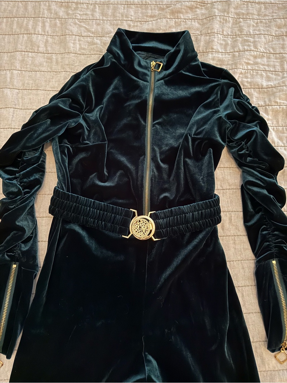 SHEIN Emerald Velvet Zip-Front Jumpsuit with Gold Buckle